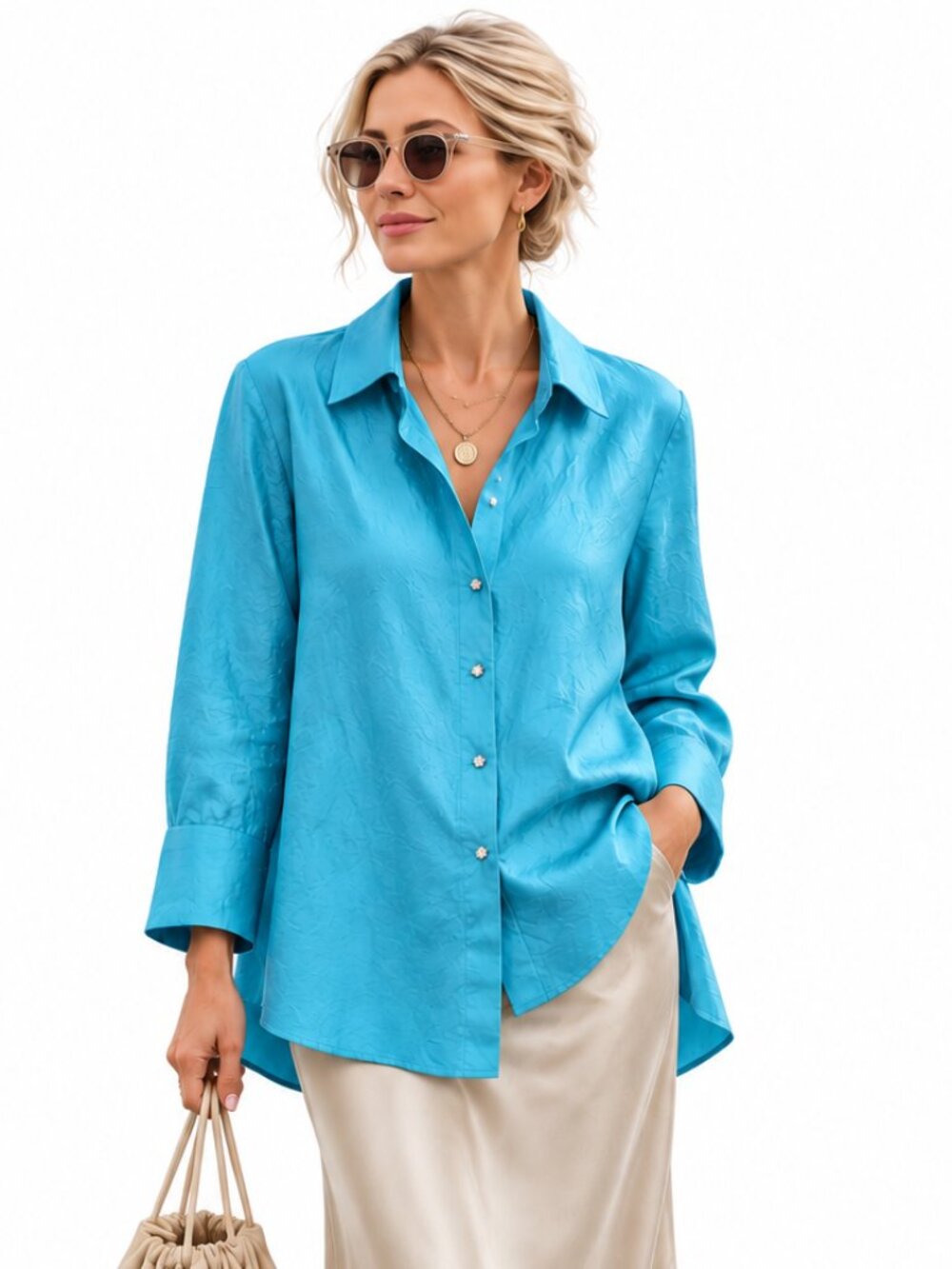 Long 100% silk top w. rhinestone buttons